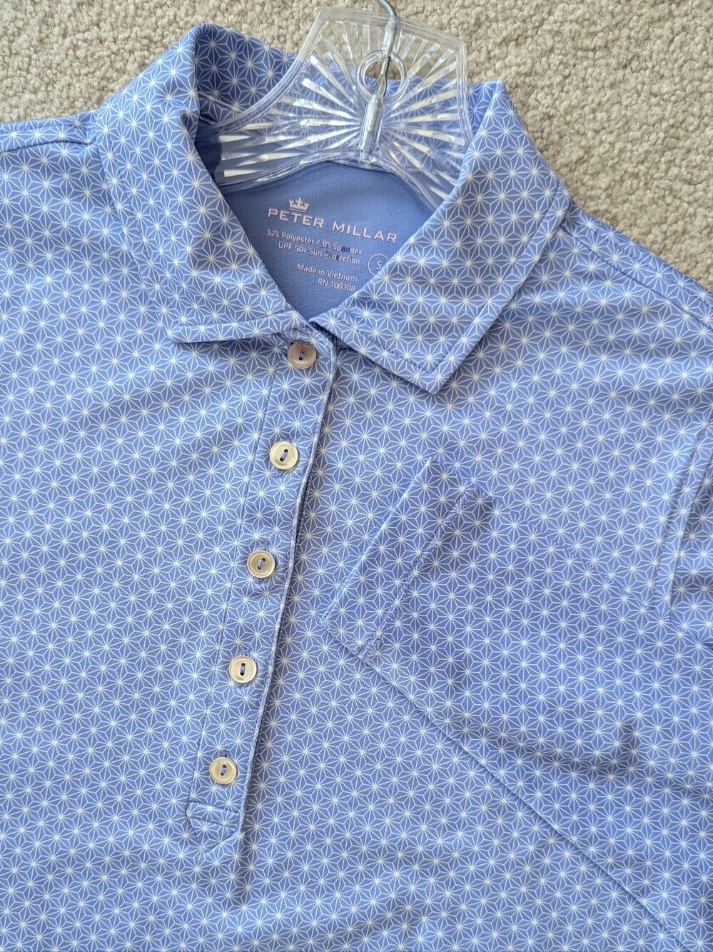 Peter Millar Women's Long Sleeve Polo Performance Shirt Blue Geometric Sz S